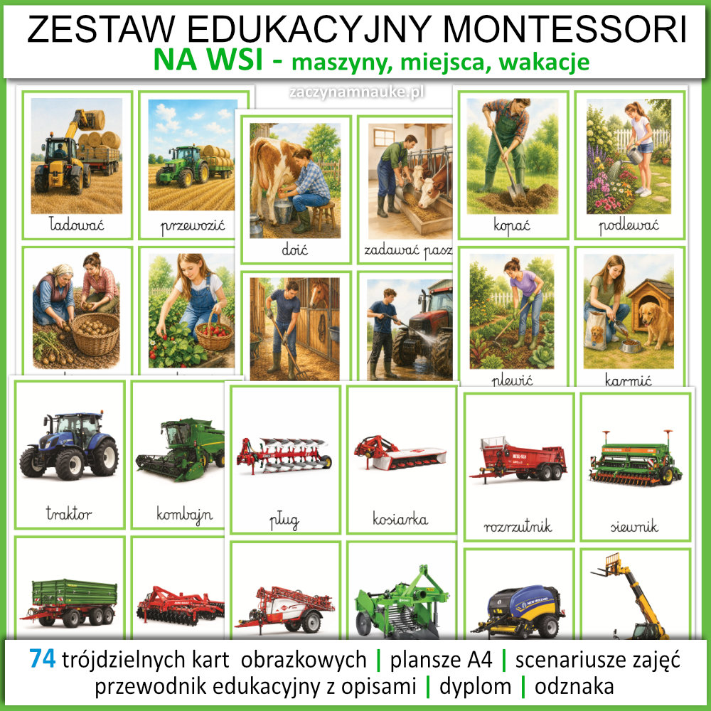 na wsi karty edukacyjne przedszkole szkola podstawowa wakacje maszyny rolnicze na farmie lato zajecia przedszkolne montessori