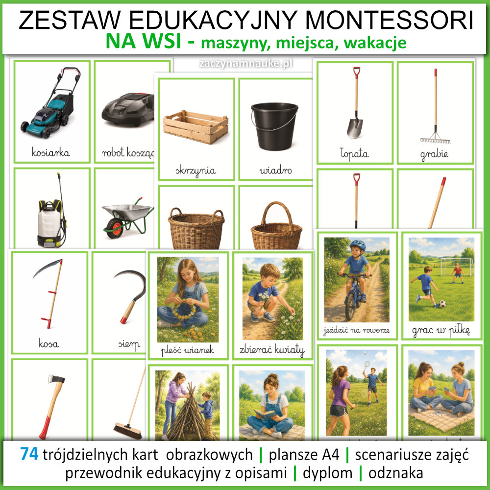 na wsi karty edukacyjne przedszkole szkola podstawowa wakacje maszyny rolnicze na farmie lato zajecia przedszkolne montessori
