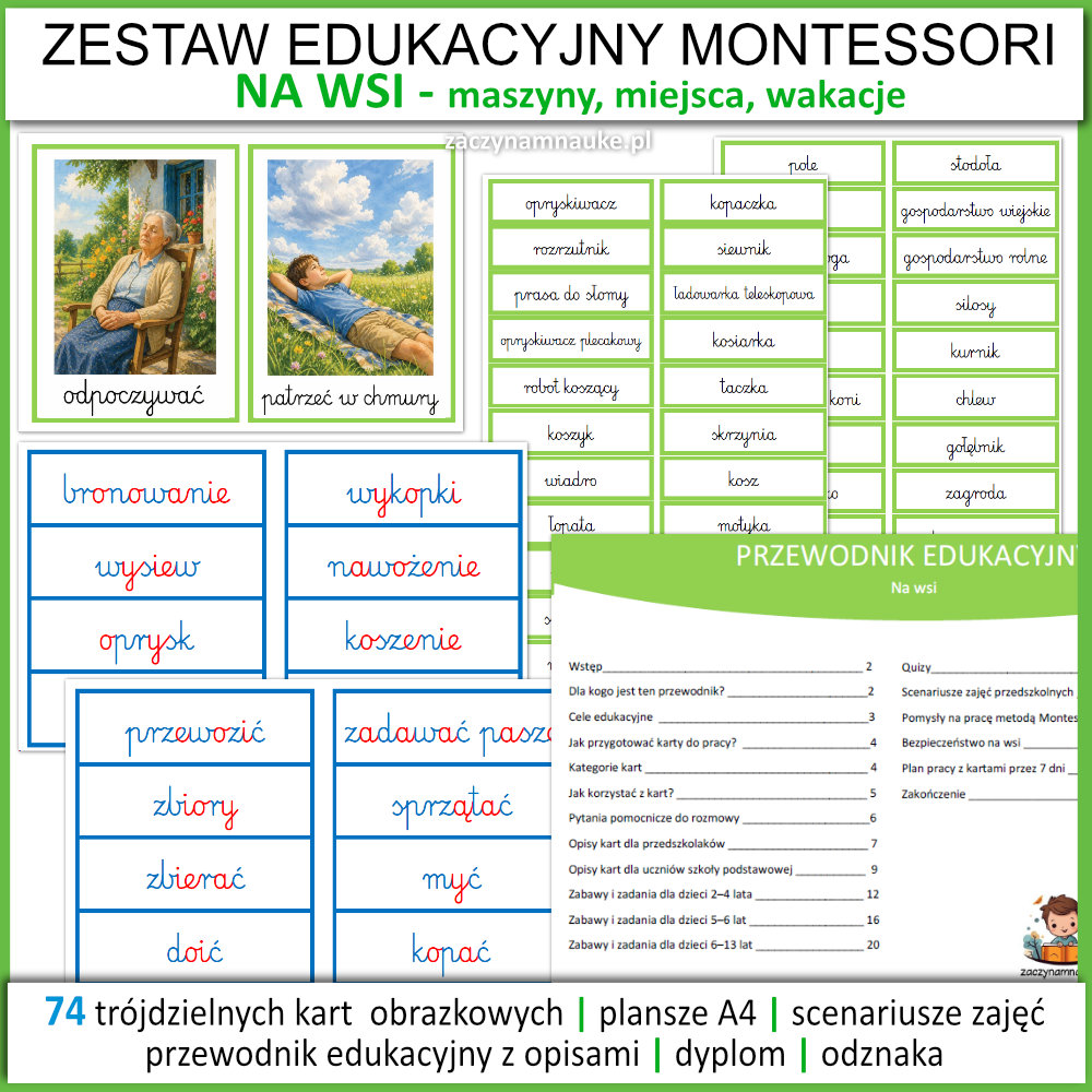 na wsi karty edukacyjne przedszkole szkola podstawowa wakacje maszyny rolnicze na farmie lato zajecia przedszkolne montessori