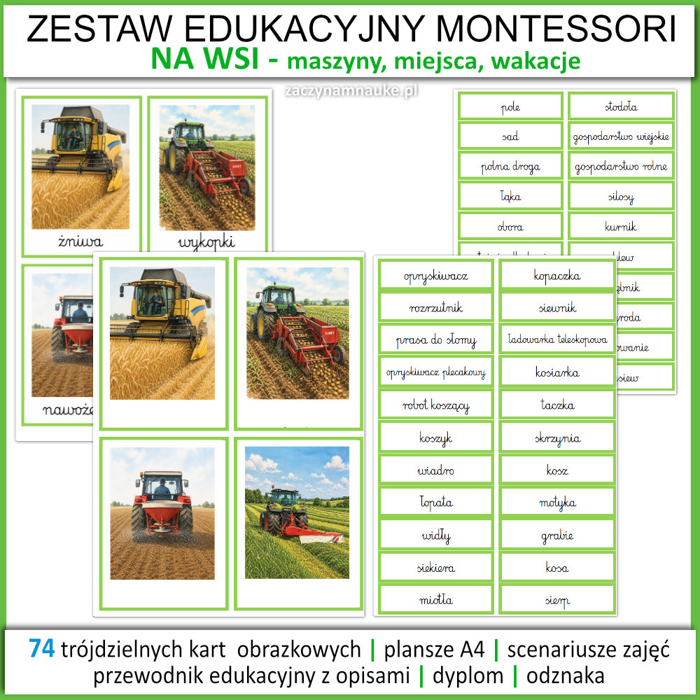 na wsi karty edukacyjne przedszkole szkola podstawowa wakacje maszyny rolnicze na farmie lato zajecia przedszkolne montessori