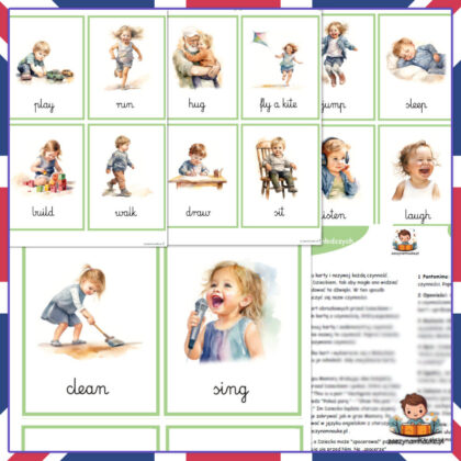 Karty Obrazkowe Pierwsze Angielskie Słowa CZASOWNIKI - plik PDF fiszki dla przedszkolaka