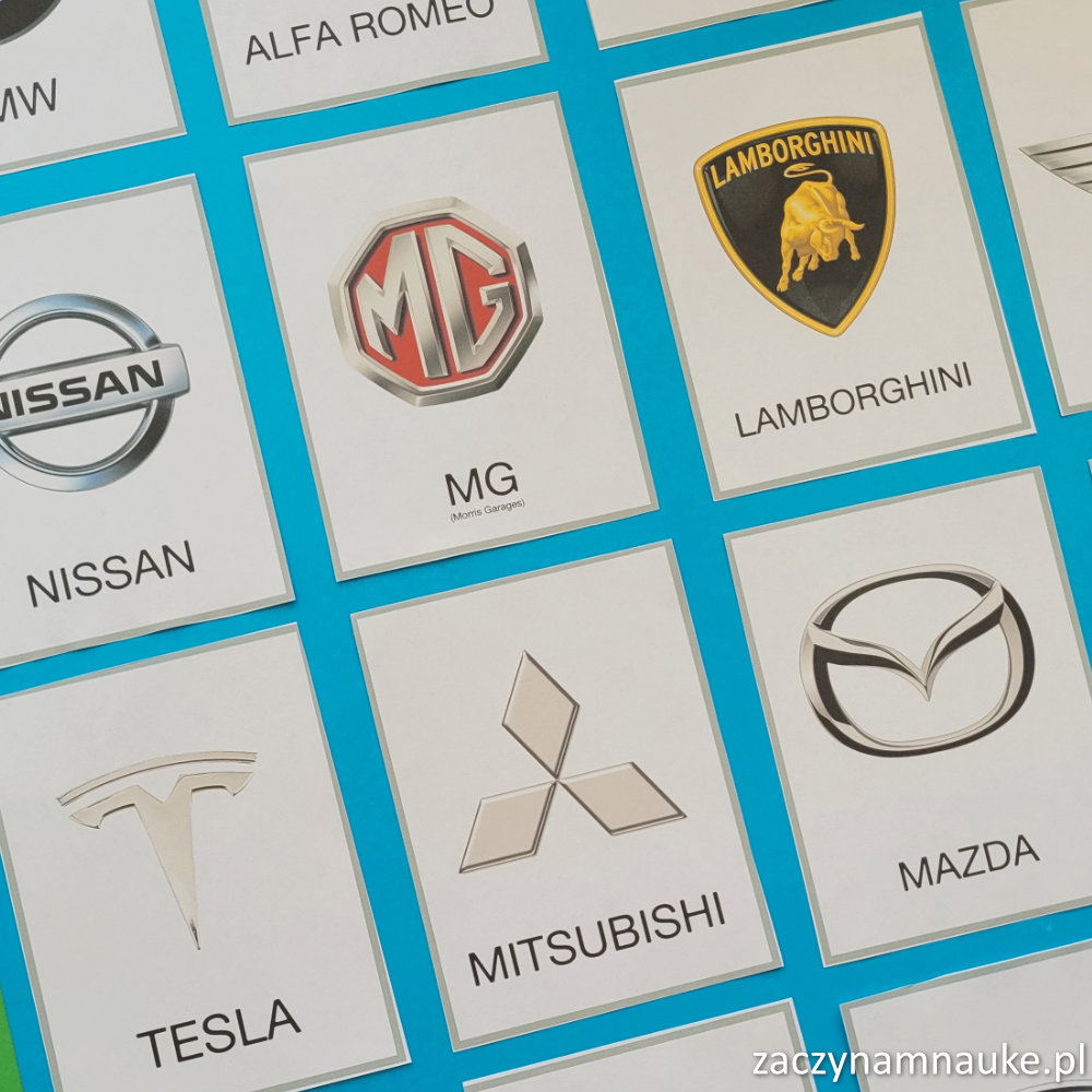 karty obrazkowe do druku auta samochody logo marki dla dzieci nauka mowienia montessori 12