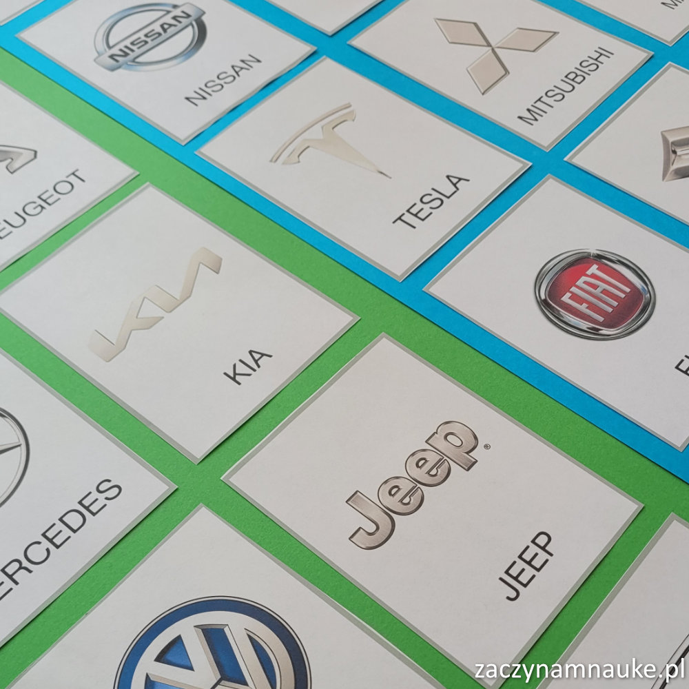 karty obrazkowe do druku auta samochody logo marki dla dzieci nauka mowienia montessori