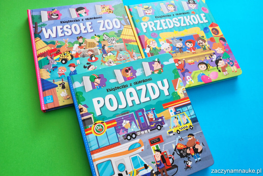 ksiazka z okienkami aksjomat wesole zoo pojazdy przedszkole ksiazka montessori dla dziecka przedszkole