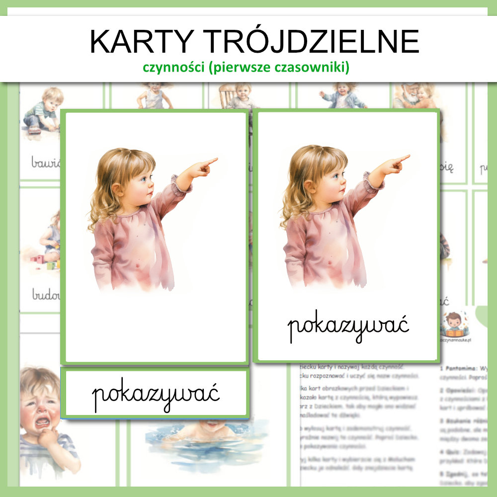 Karty trojdzielne montessori pierwsze slowa czasowniki czynnosci- plik PDF obrazki do druku nauka mowienia 1