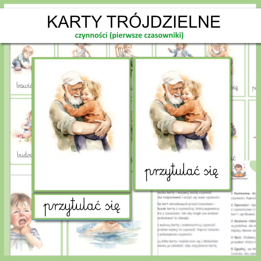 Karty trojdzielne montessori pierwsze slowa czasowniki czynnosci- plik PDF obrazki do druku nauka mowienia 1