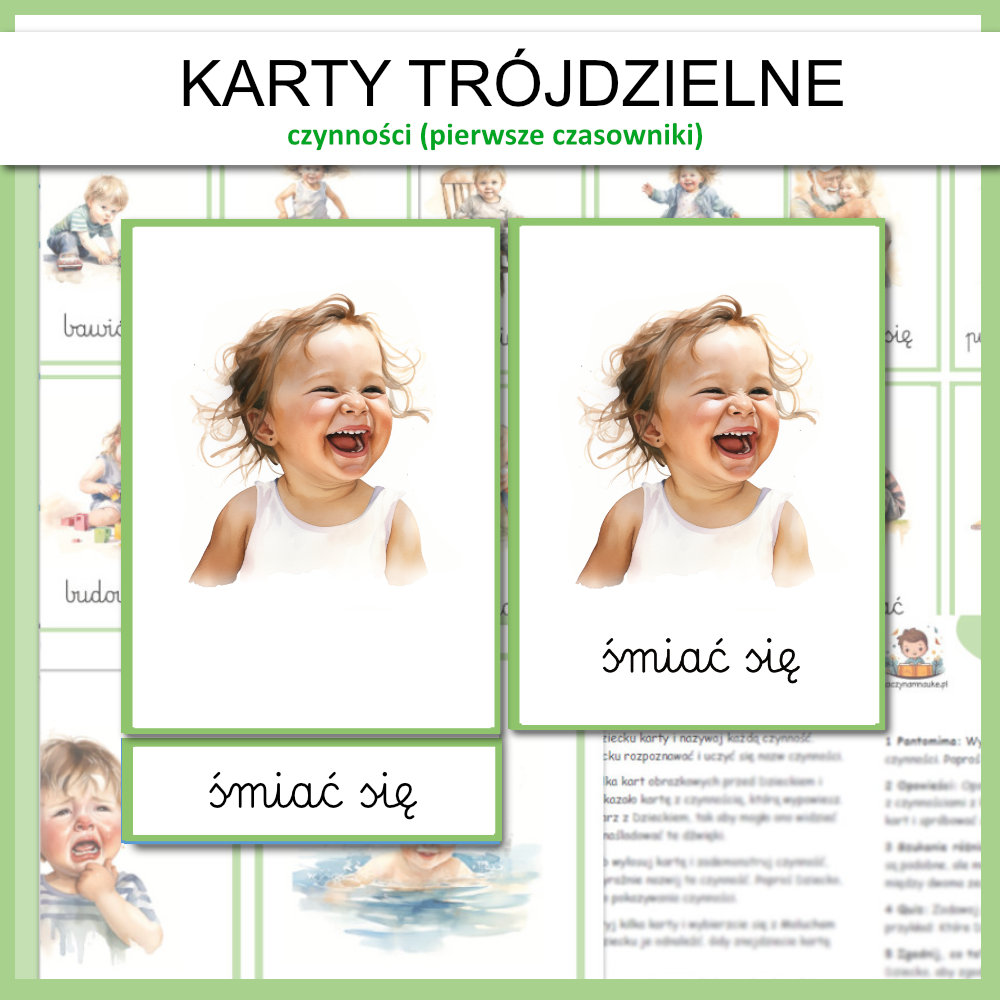Karty trojdzielne montessori pierwsze slowa czasowniki czynnosci- plik PDF obrazki do druku nauka mowienia 1