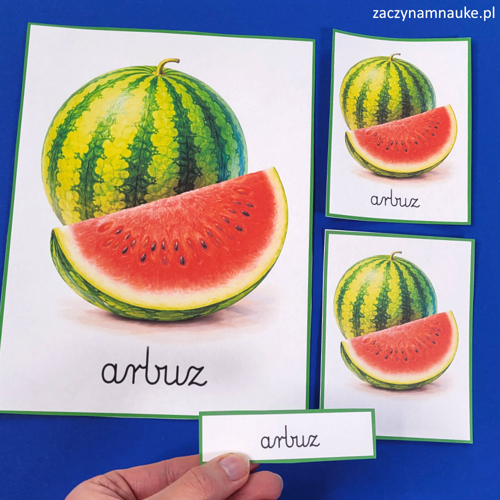 karty trojdzielne montessori owoce do druku zestaw edukacyjny dla dzieci przedszkole nauka czytania i pisania 5