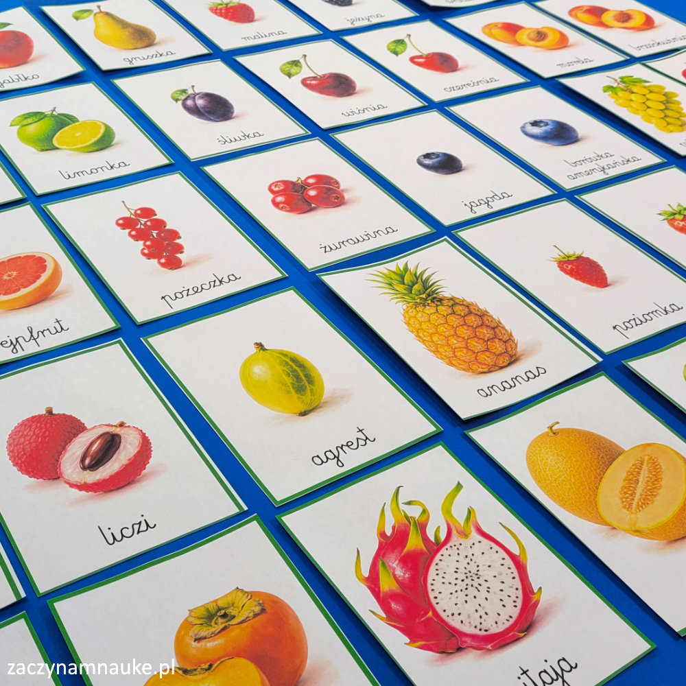 karty trojdzielne montessori owoce do druku zestaw edukacyjny dla dzieci przedszkole nauka czytania i pisania 5
