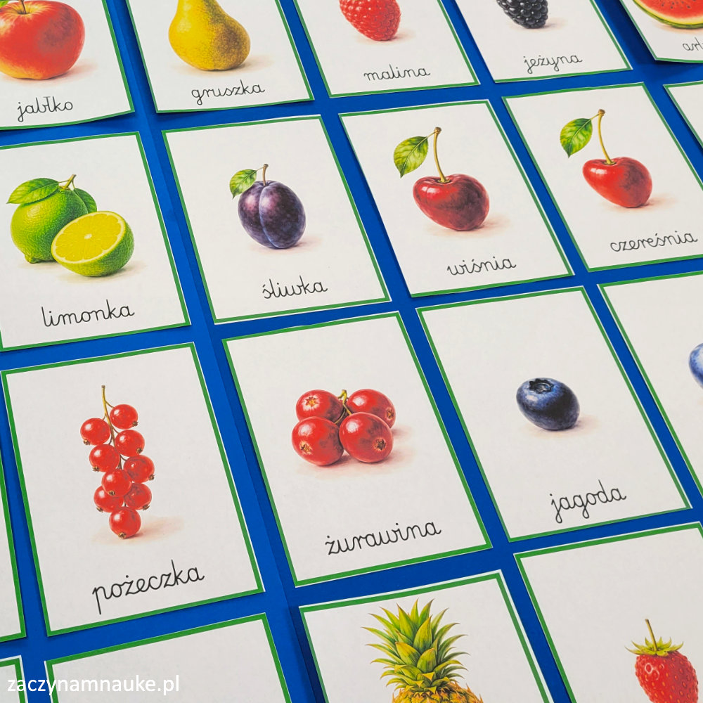karty trojdzielne montessori owoce do druku zestaw edukacyjny dla dzieci przedszkole nauka czytania i pisania 5