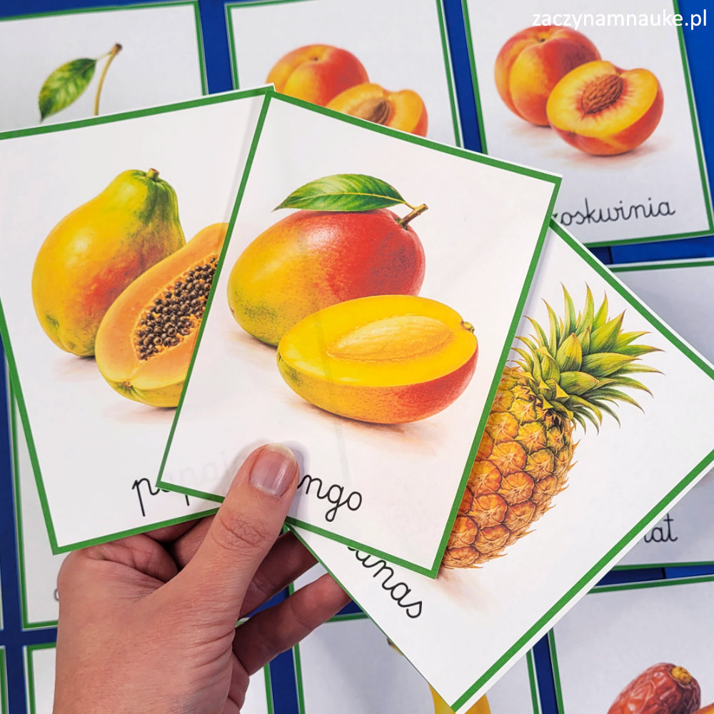 karty trojdzielne montessori owoce do druku zestaw edukacyjny dla dzieci przedszkole nauka czytania i pisania 5
