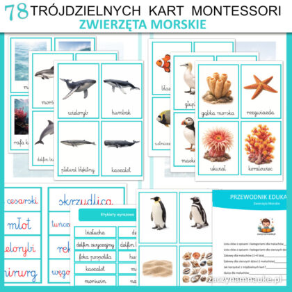 karty obrazkowe zwierzeta morskie do druku zestaw montessori karty trojdzielne ryby ptaki ssaki w morzu i oceanie 5