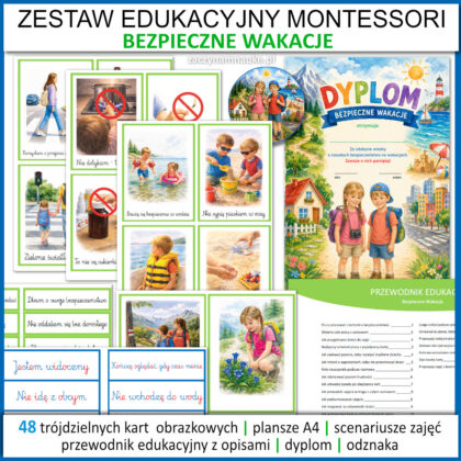 bezpieczne wakacje przedszkole do druku plansze karty scenariusz zajec montessori dyplom odznaka