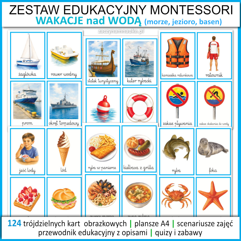 wakacje nad morzem przedszkole szkola do druku scenriusz zajec karty obrazkowe obrazki montessori zestaw edukacyjny pdf do druku lato basen