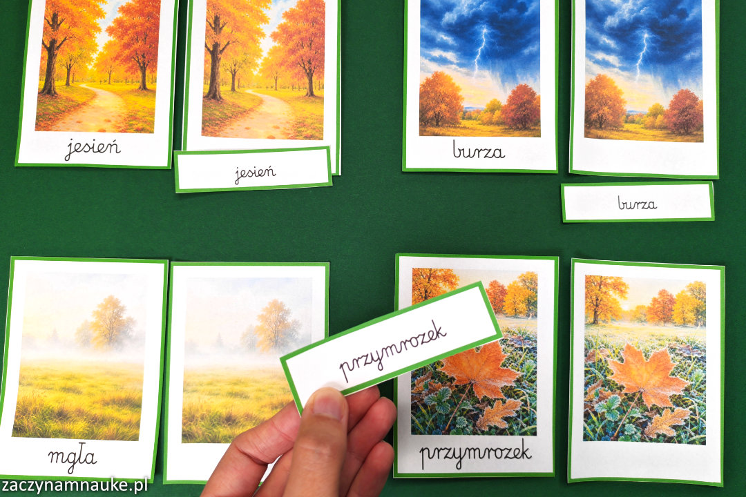 zestaw jesien do druku PDF przedszkole szkola podstawowa gazetka karty obrazkowe pogoda jesienne obrazki plakaty montessori 3 nauka czytania ruchomy alfabet 9
