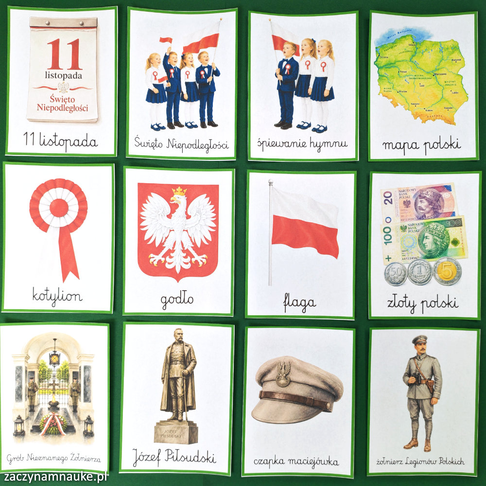 zestaw jesien do druku PDF przedszkole szkola podstawowa gazetka karty obrazkowe swieto niepodleglosci 11 listopada 1