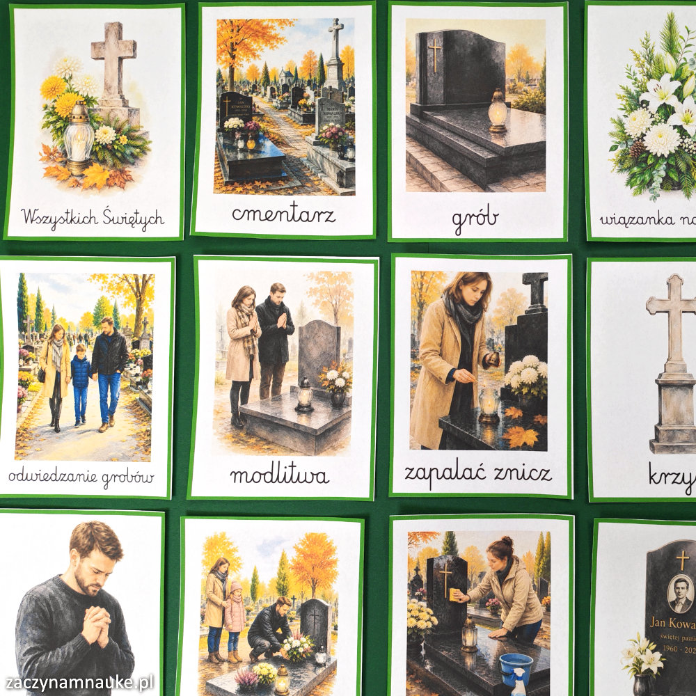 zestaw jesien do druku PDF przedszkole szkola podstawowa gazetka karty obrazkowe swieto wszystkich swietych 1 listopada 3