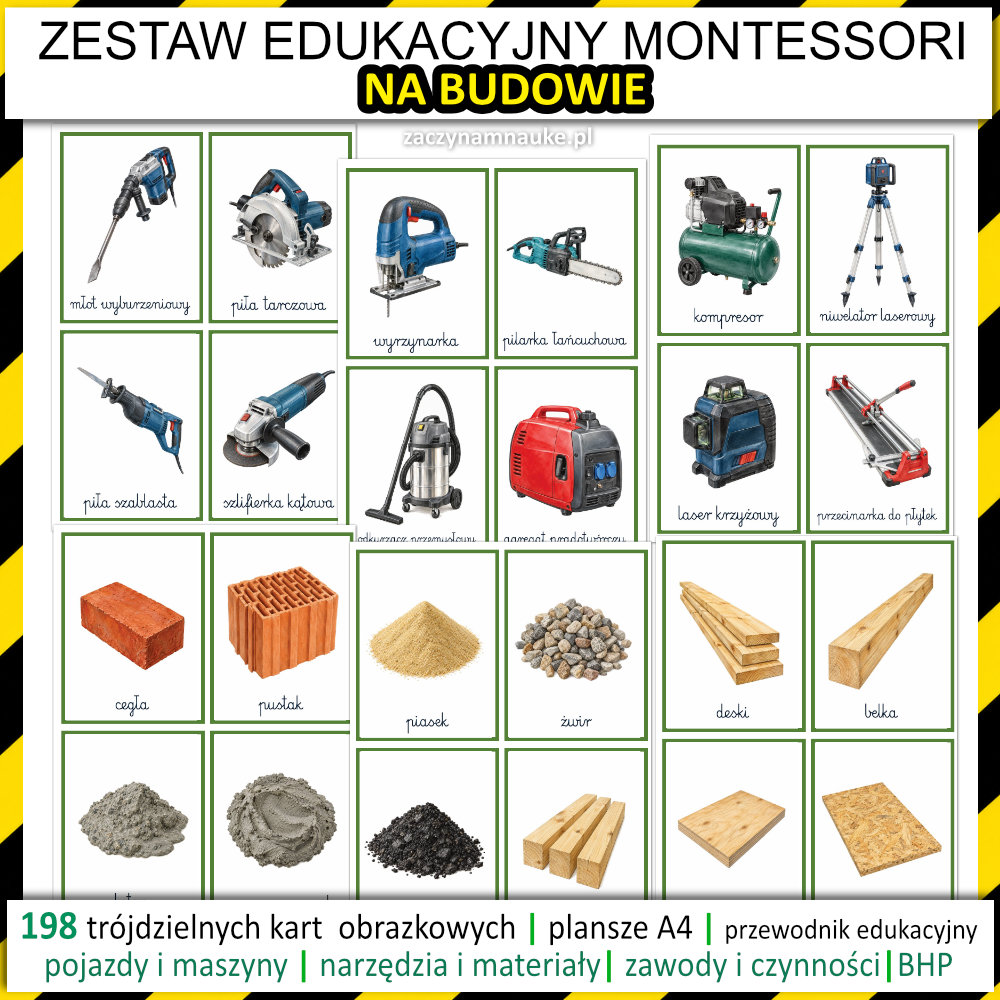 Plac budowy dla dzieci karty Montessori NA BUDOWIE PDF do druku montessori pojazdy budowlane zawody maszyny narzedzia 5