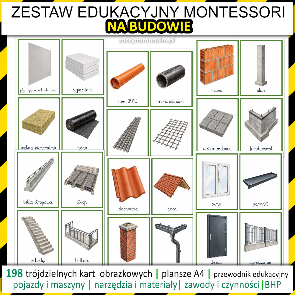 Plac budowy dla dzieci karty Montessori NA BUDOWIE PDF do druku montessori pojazdy budowlane zawody maszyny narzedzia 6