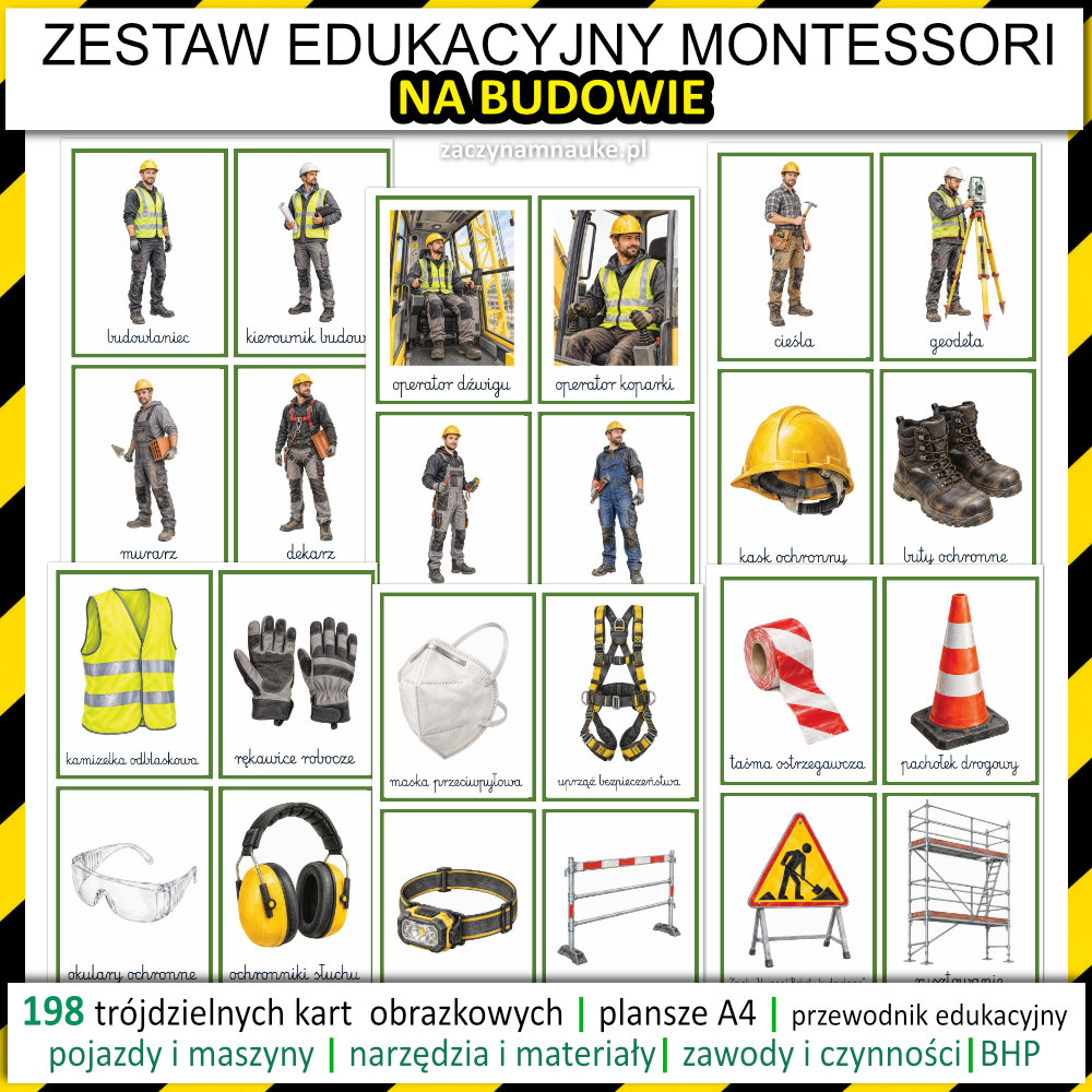Plac budowy dla dzieci karty Montessori NA BUDOWIE PDF do druku montessori pojazdy budowlane zawody maszyny narzedzia 7