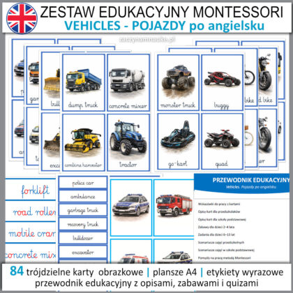 Pojazdy po angielsku karty obrazki do druku pdf dla dzieci Montessori nauka jezyka angielskiego przedszkole niemowle 1