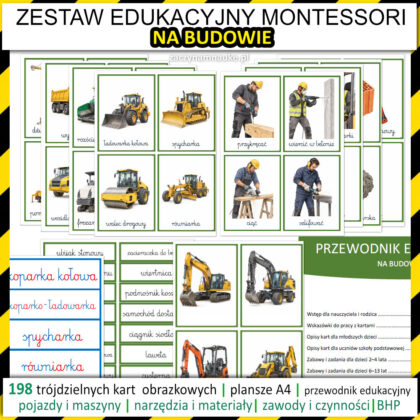 Zestaw Edukacyjny Na Budowie Plac Budowy Pojazdy i maszyny budowlane koparka Montessori 1