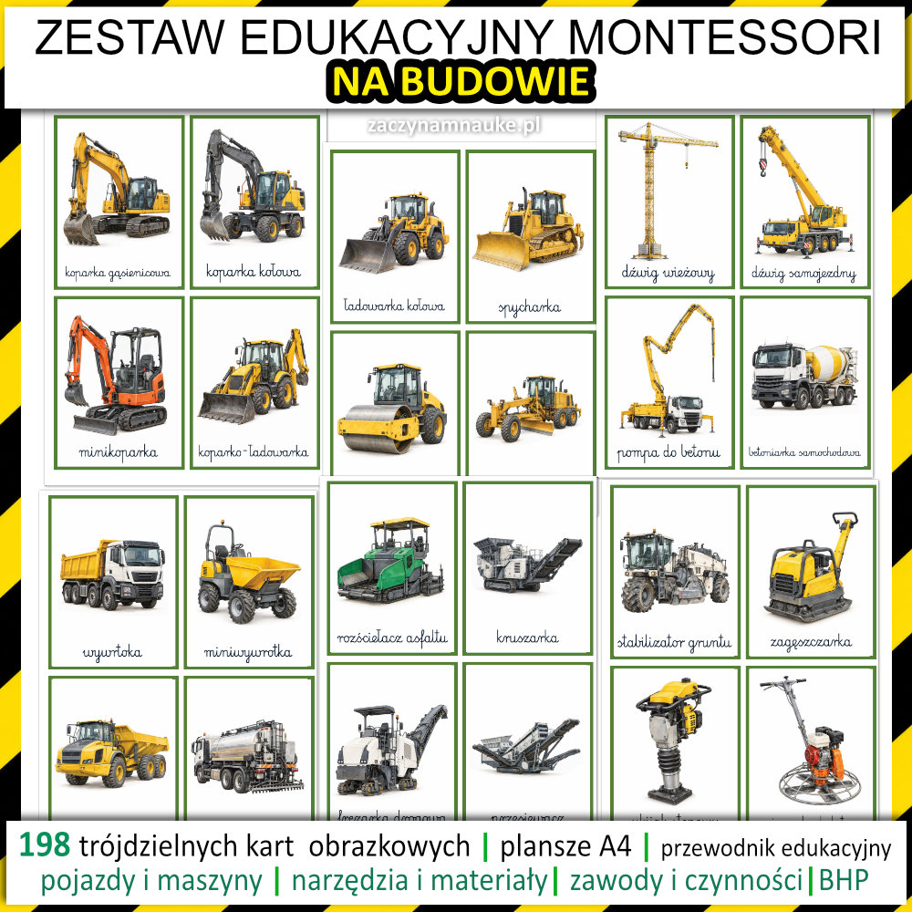 Zestaw Edukacyjny Na Budowie Plac Budowy Pojazdy i maszyny budowlane koparka Montessori 2