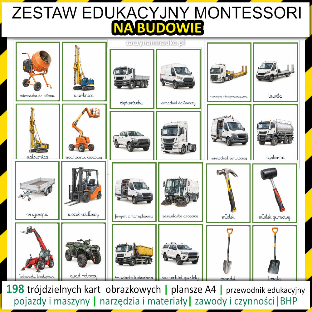 Zestaw Edukacyjny Na Budowie Plac Budowy Pojazdy i maszyny budowlane koparka Montessori 3