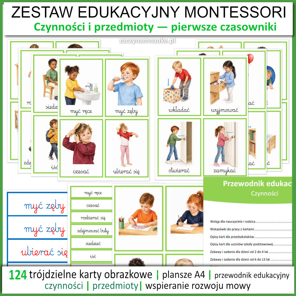 Czynności i przedmioty – pierwsze czasowniki. Obrazki do druku i karty Montessori PDF
