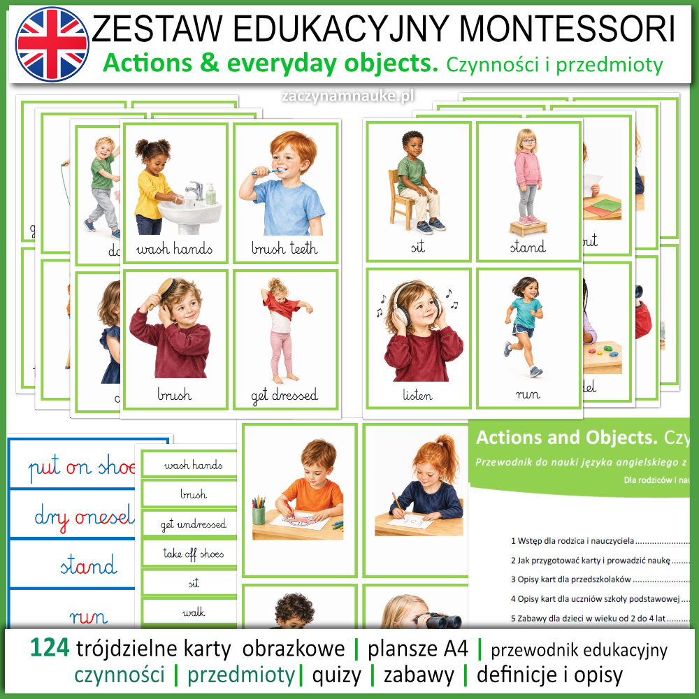 Czynności i przedmioty po angielsku — pierwsze czasowniki. Karty Montessori PDF do druku