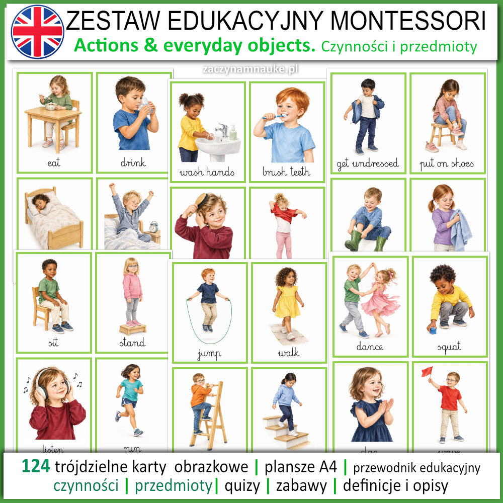 Czynności i przedmioty po angielsku — pierwsze czasowniki. Karty Montessori PDF do druku - obrazek 2