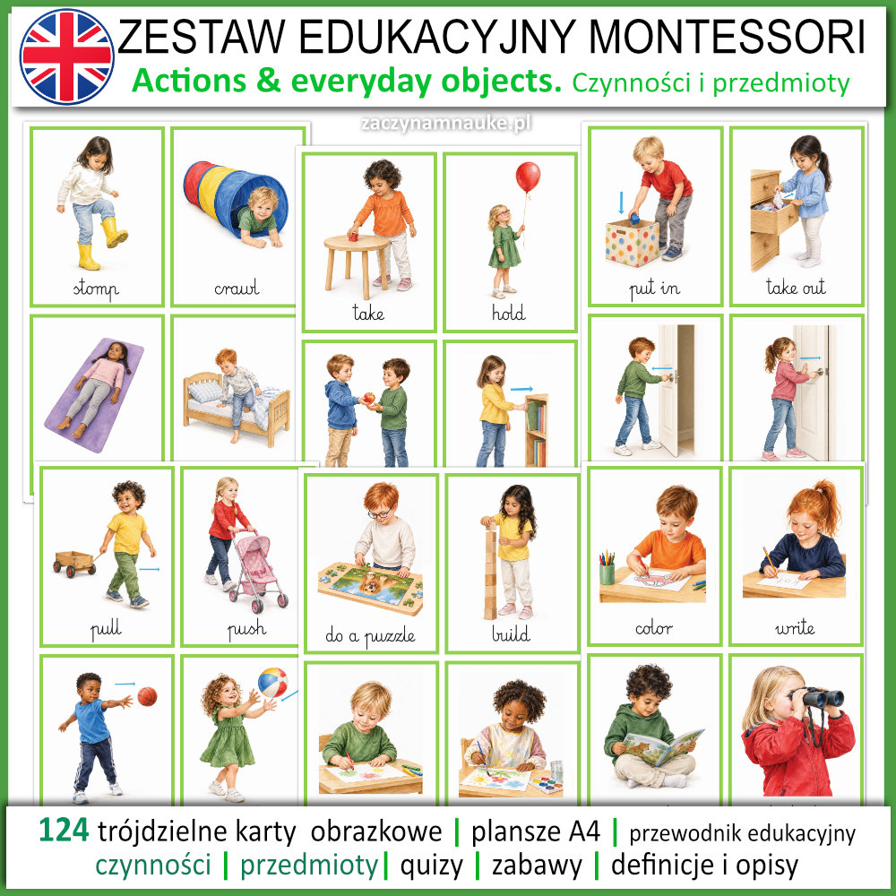 Zestaw Edukacyjny pierwsze slowa czynnosci i przedmioty po angielsku Montessori actions objects flashcards picture cards 3