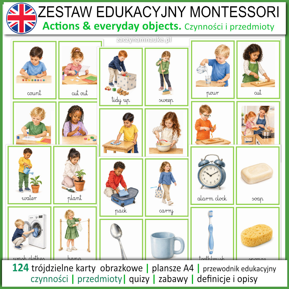 Zestaw Edukacyjny pierwsze slowa czynnosci i przedmioty po angielsku Montessori actions objects flashcards picture cards 4