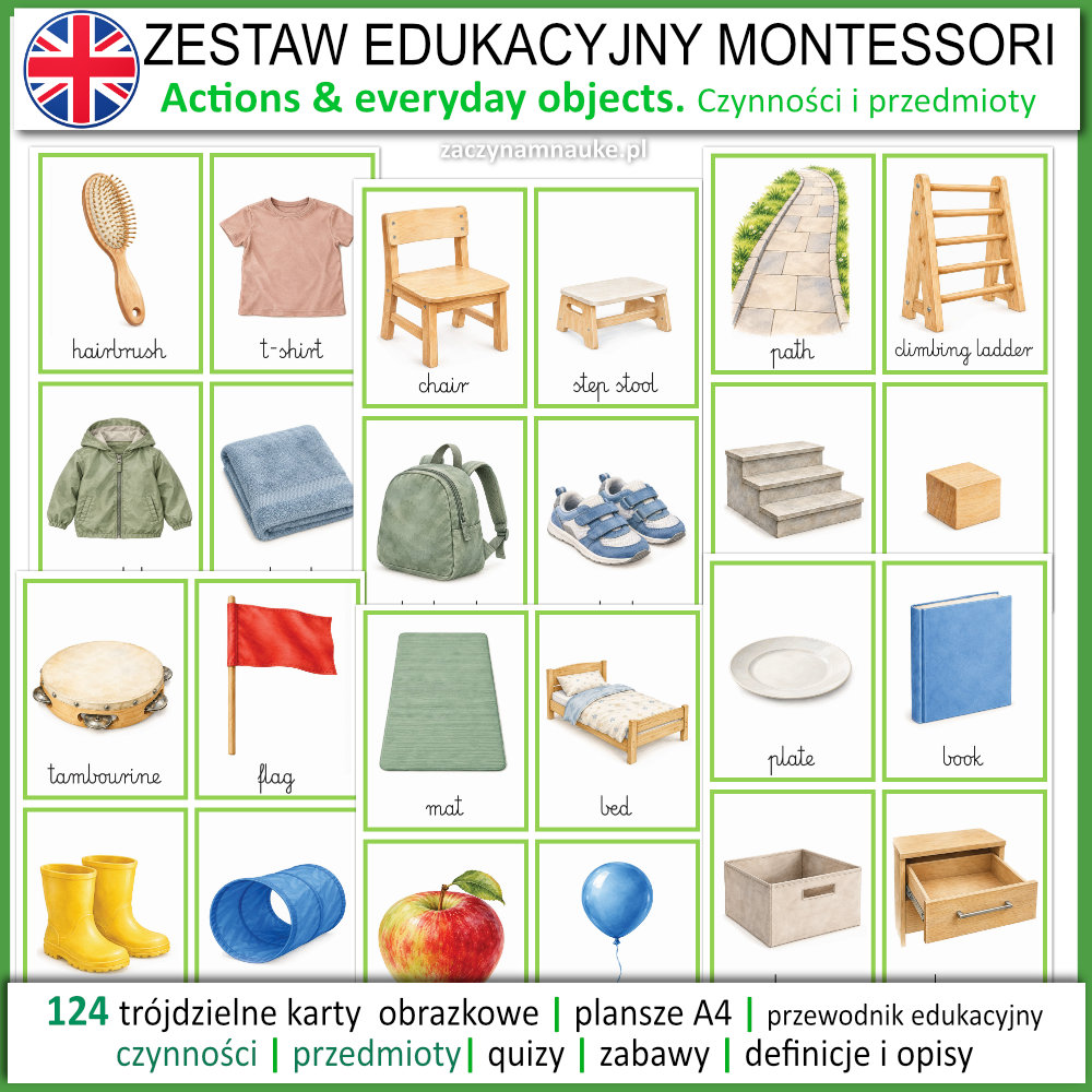 Zestaw Edukacyjny pierwsze slowa czynnosci i przedmioty po angielsku Montessori actions objects flashcards picture cards 5