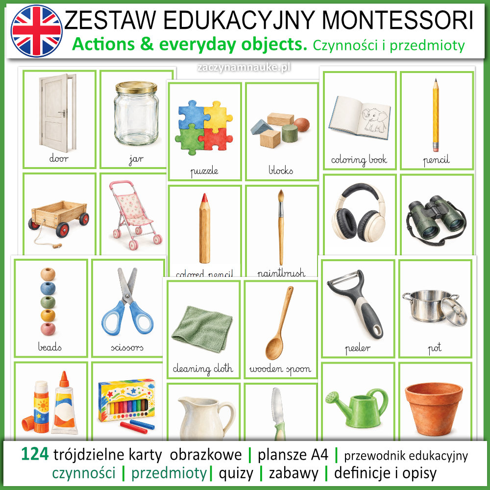 Zestaw Edukacyjny pierwsze slowa czynnosci i przedmioty po angielsku Montessori actions objects flashcards picture cards 2