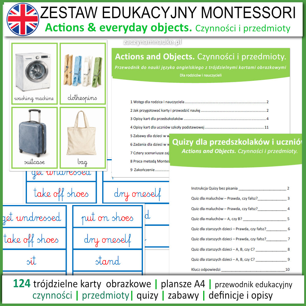 Zestaw Edukacyjny pierwsze slowa czynnosci i przedmioty po angielsku Montessori actions objects flashcards picture cards 6