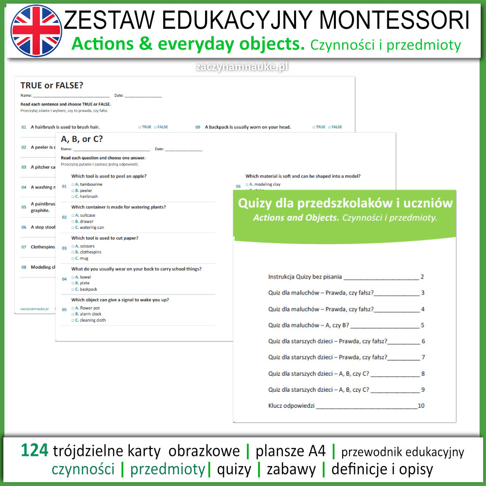 Zestaw Edukacyjny pierwsze slowa czynnosci i przedmioty po angielsku Montessori actions objects flashcards picture cards 7