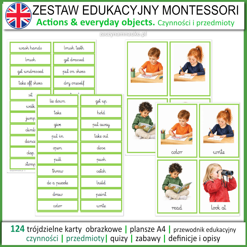 Zestaw Edukacyjny pierwsze slowa czynnosci i przedmioty po angielsku Montessori actions objects flashcards picture cards 8