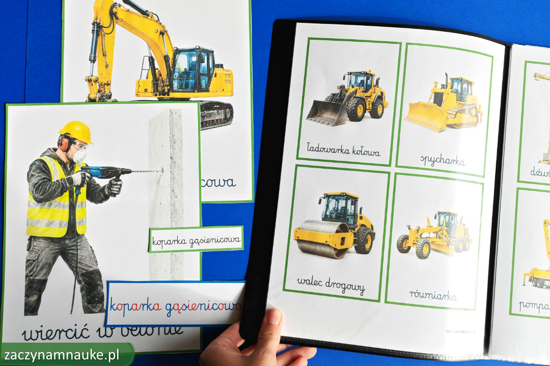 książeczka dla dzieci na budowie Montessori pdf do druku koparka pojazdy budowlane zawody na placu budowy 14