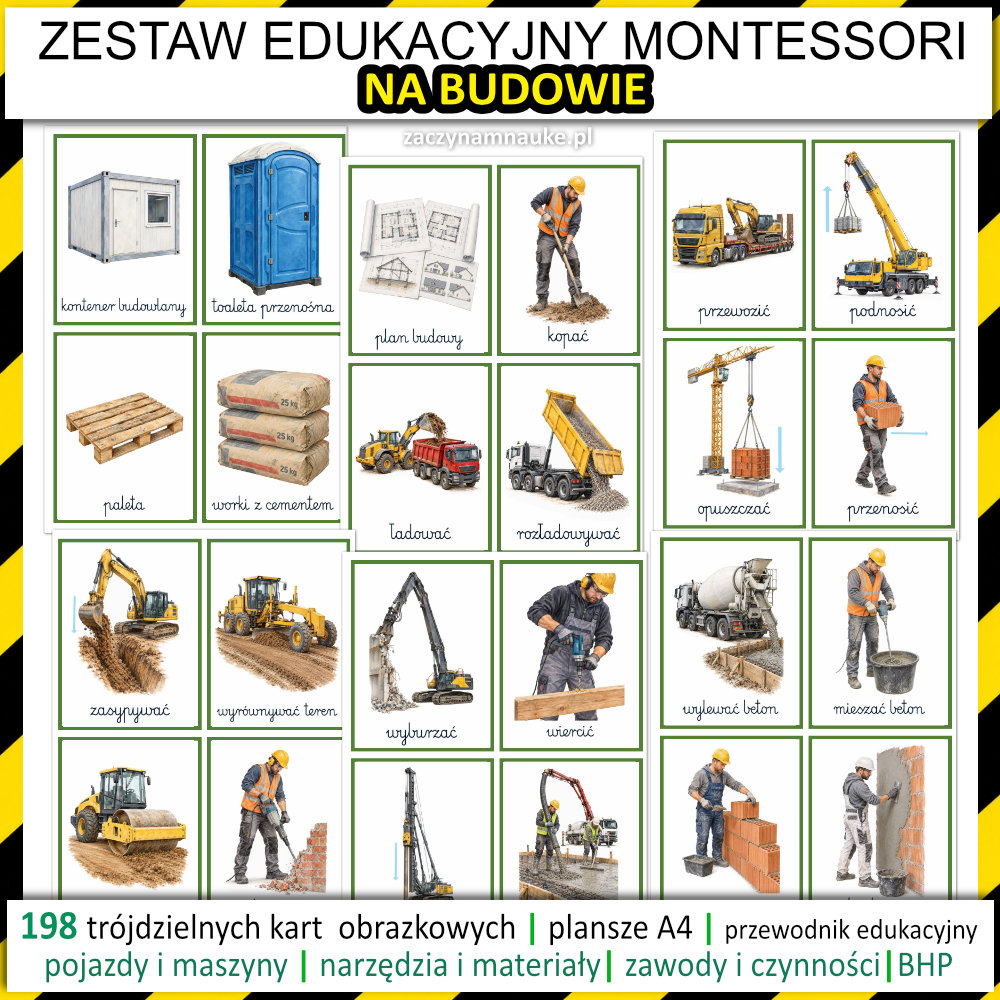 książeczka dla dzieci na budowie Montessori pdf do druku koparka pojazdy budowlane zawody na placu budowy 7