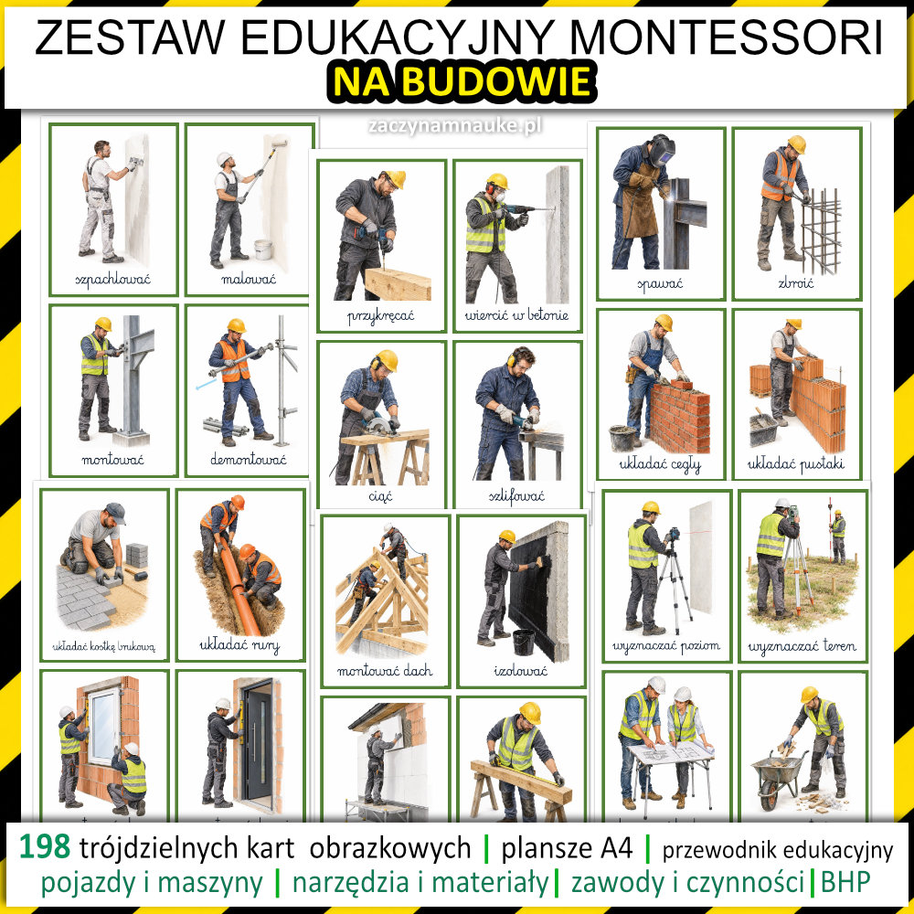 książeczka dla dzieci na budowie Montessori pdf do druku koparka pojazdy budowlane zawody na placu budowy 8